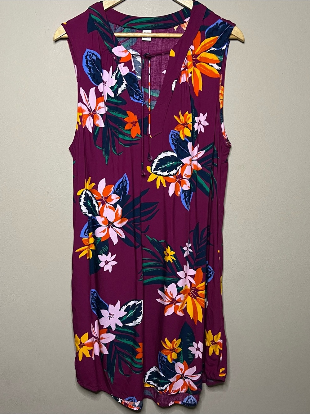 Old Navy Sleeveless Tropical Floral Shift Dress XL Burgundy Orange Pink Cruise